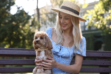 Beautiful young woman with cute dog on bench in park