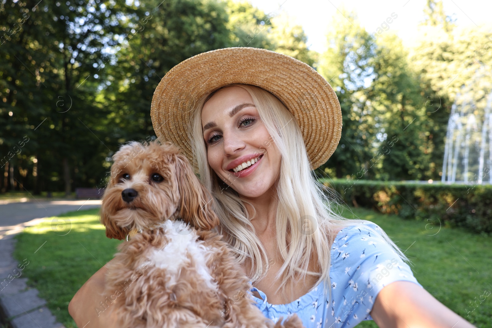 Photo of Beautiful young woman taking selfie with cute dog in park