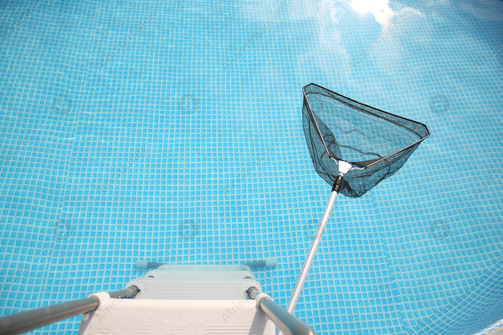 Photo of One skimmer net, ladder and swimming pool, above view