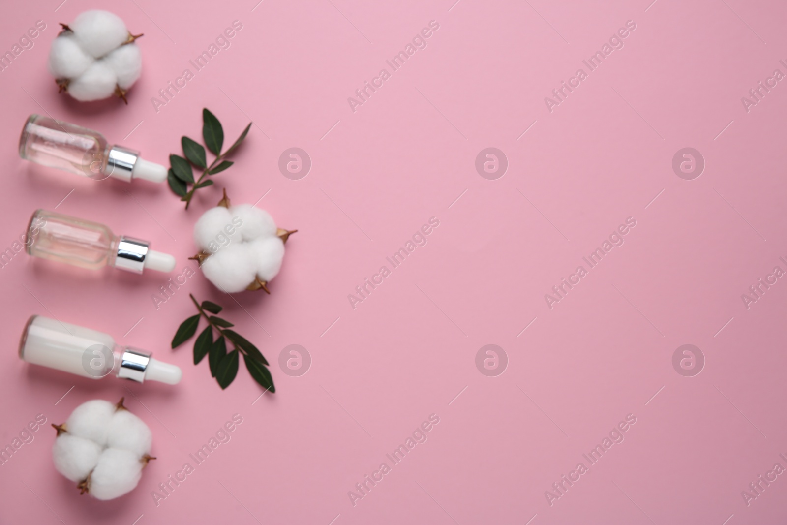 Photo of Different cosmetic products, leaves and cotton flowers on pink background, flat lay. Space for text