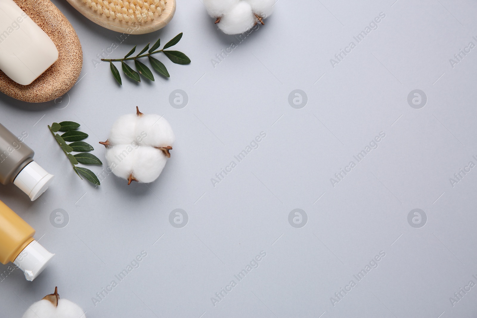 Photo of Different cosmetic products, leaves and cotton flowers on grey background, flat lay. Space for text