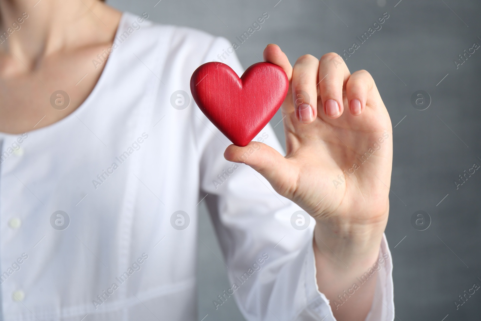 Photo of Doctor holding red heart on grey background, closeup