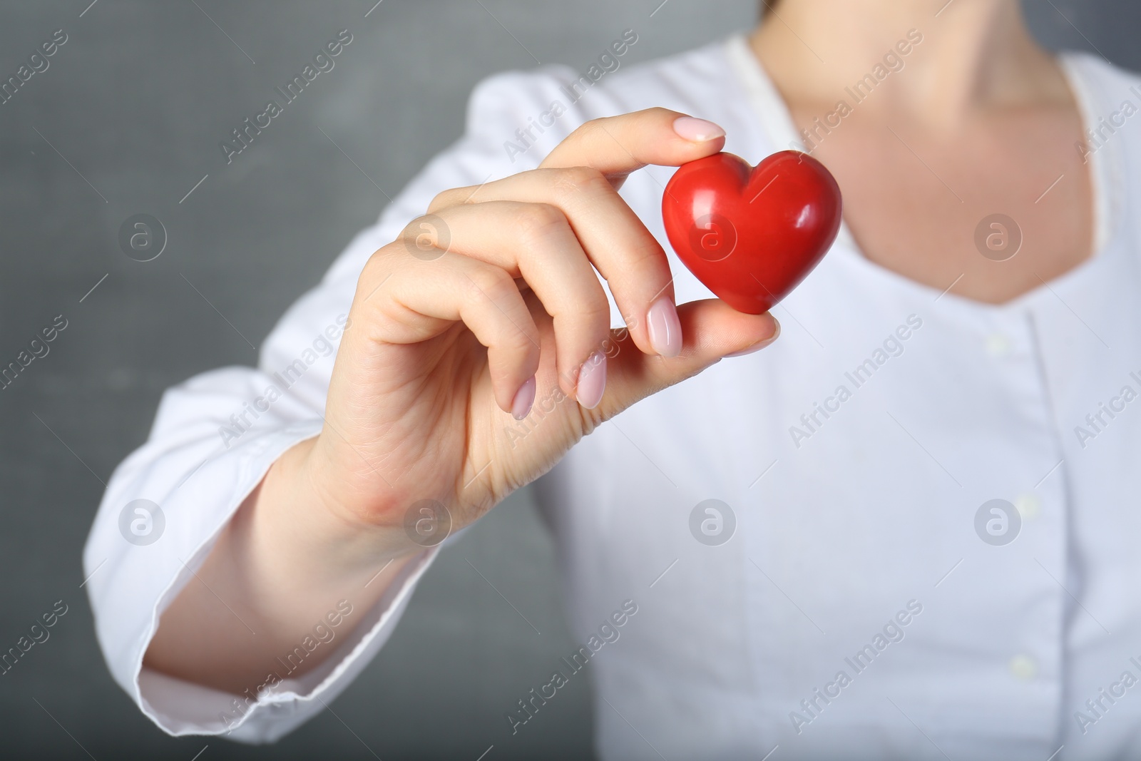 Photo of Doctor holding red heart on grey background, closeup