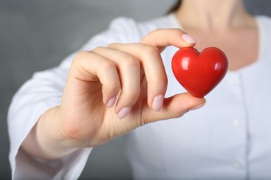 Doctor holding red heart on grey background, closeup