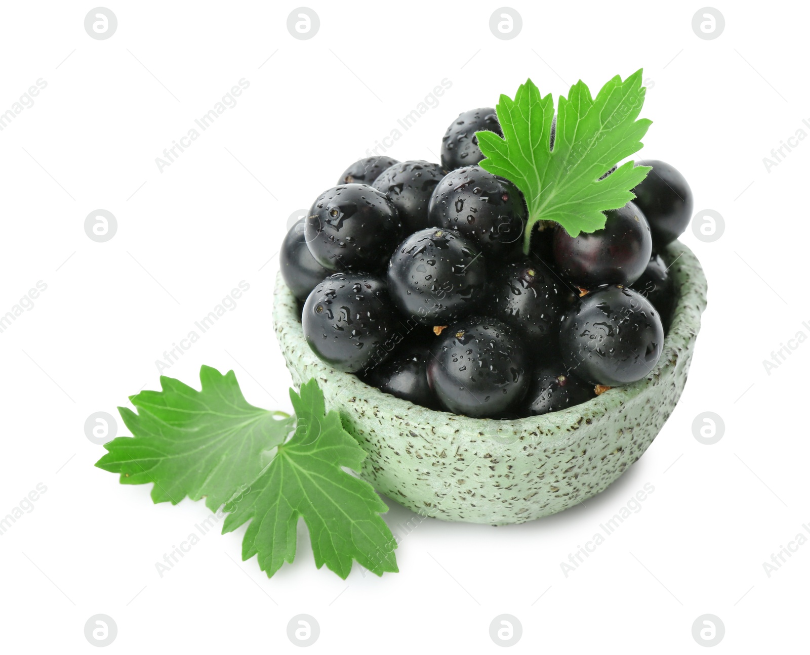 Photo of Fresh ripe black currant berries with leaves isolated on white