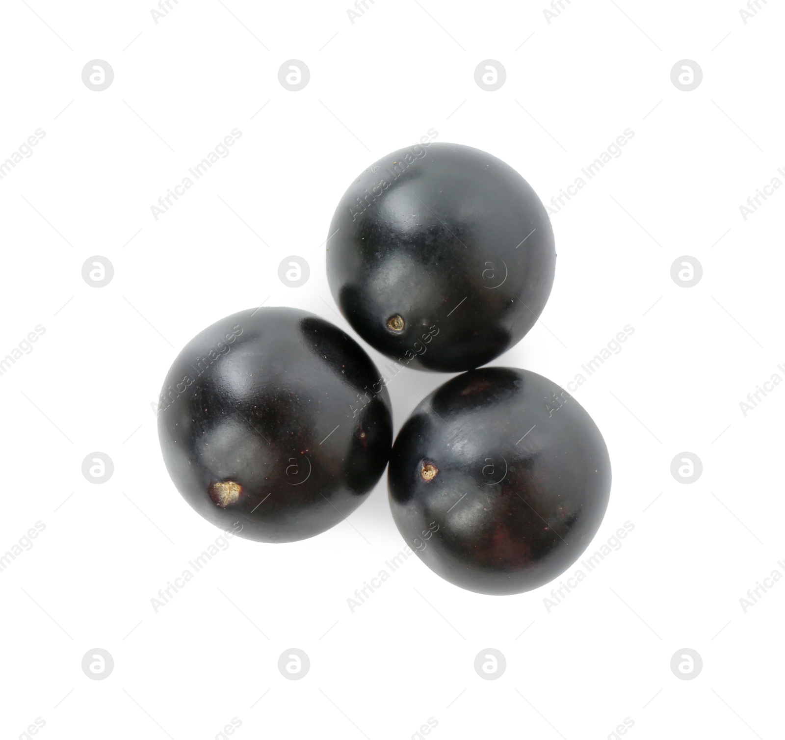 Photo of Fresh ripe black currant berries isolated on white, top view