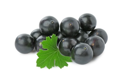 Photo of Fresh ripe black currant berries with leaf isolated on white