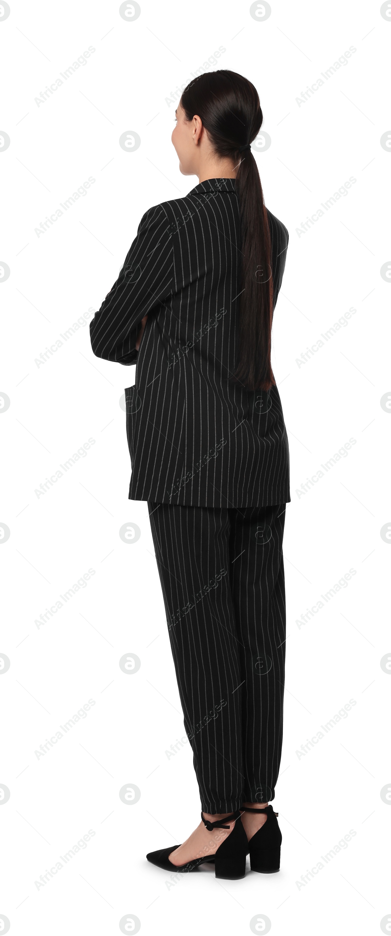 Photo of Woman in black striped suit on white background