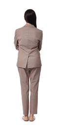 Photo of Woman in beige suit on white background, back view