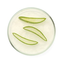 Photo of Petri dish with fresh aloe vera leaves isolated on white, top view