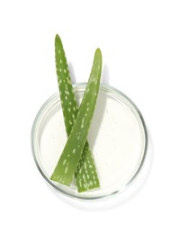 Photo of Petri dish with fresh aloe vera leaves isolated on white, top view