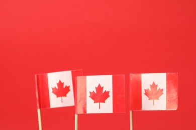 Small paper flags of Canada on red background, selective focus. Space for text