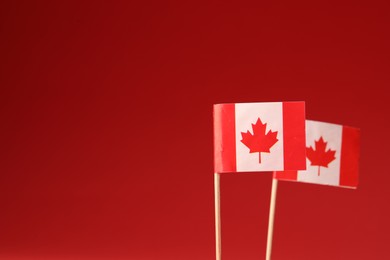 Small paper flags of Canada on red background, selective focus. Space for text