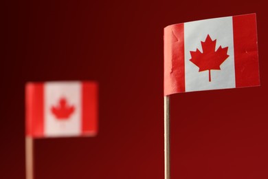 Photo of Small paper flags of Canada on red background, selective focus. Space for text