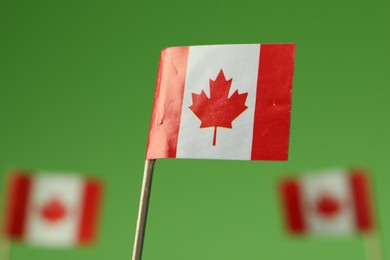 Small paper flags of Canada on green background, selective focus