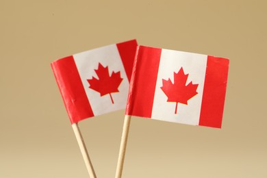 Photo of Small paper flags of Canada on beige background, closeup