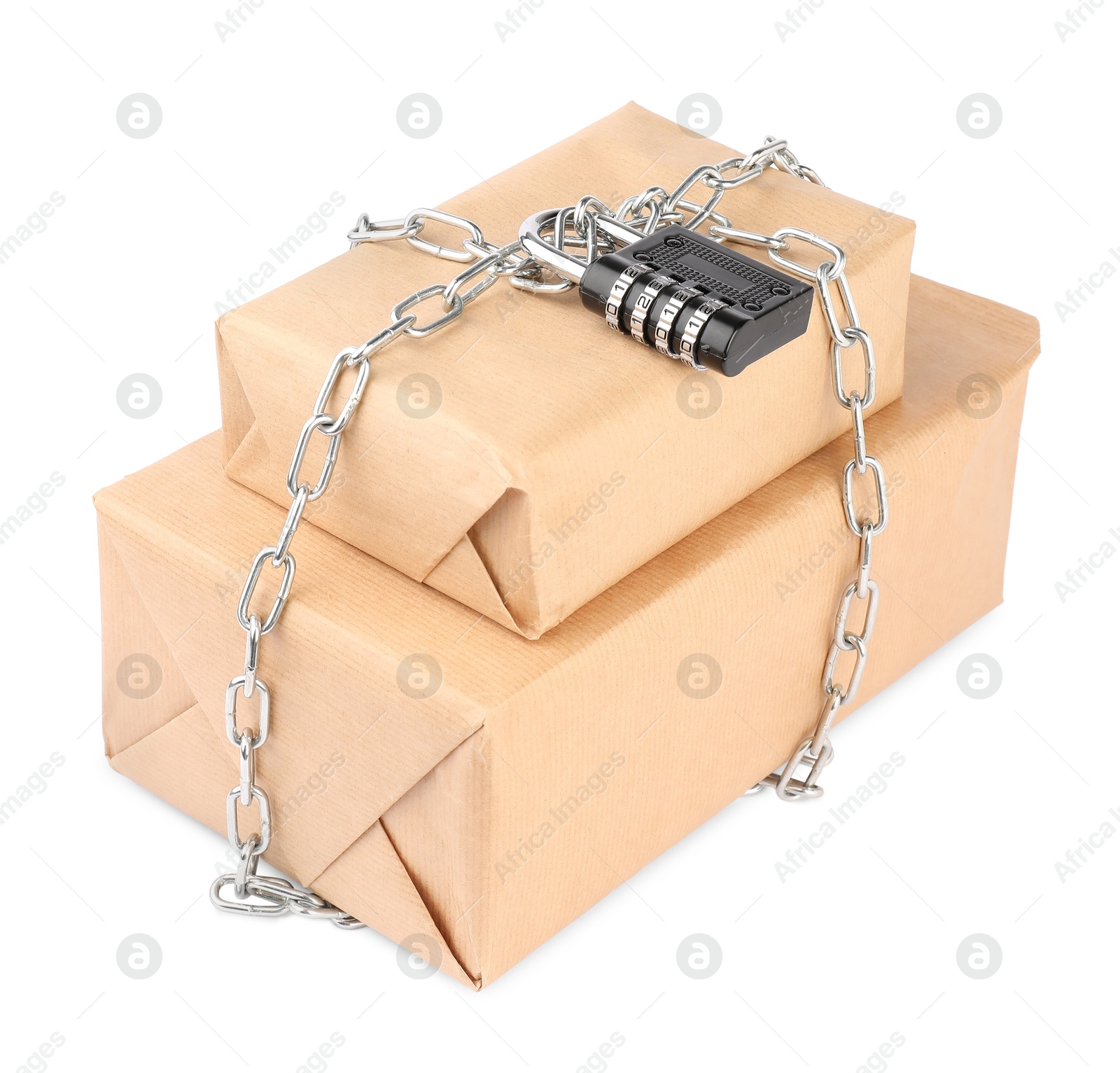 Photo of Parcels with chain and padlock isolated on white