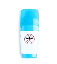 Mosquito spray isolated on white, top view. Insect repellent