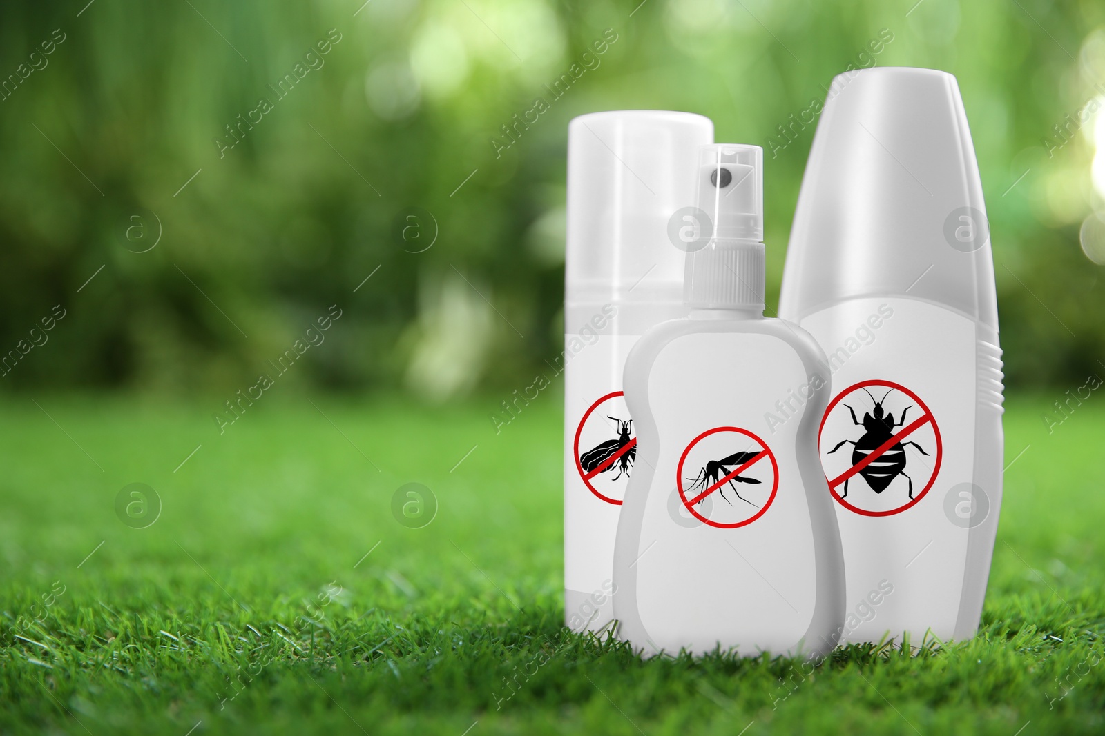 Image of Different insect repellents in spray bottles on green grass outdoors, space for text