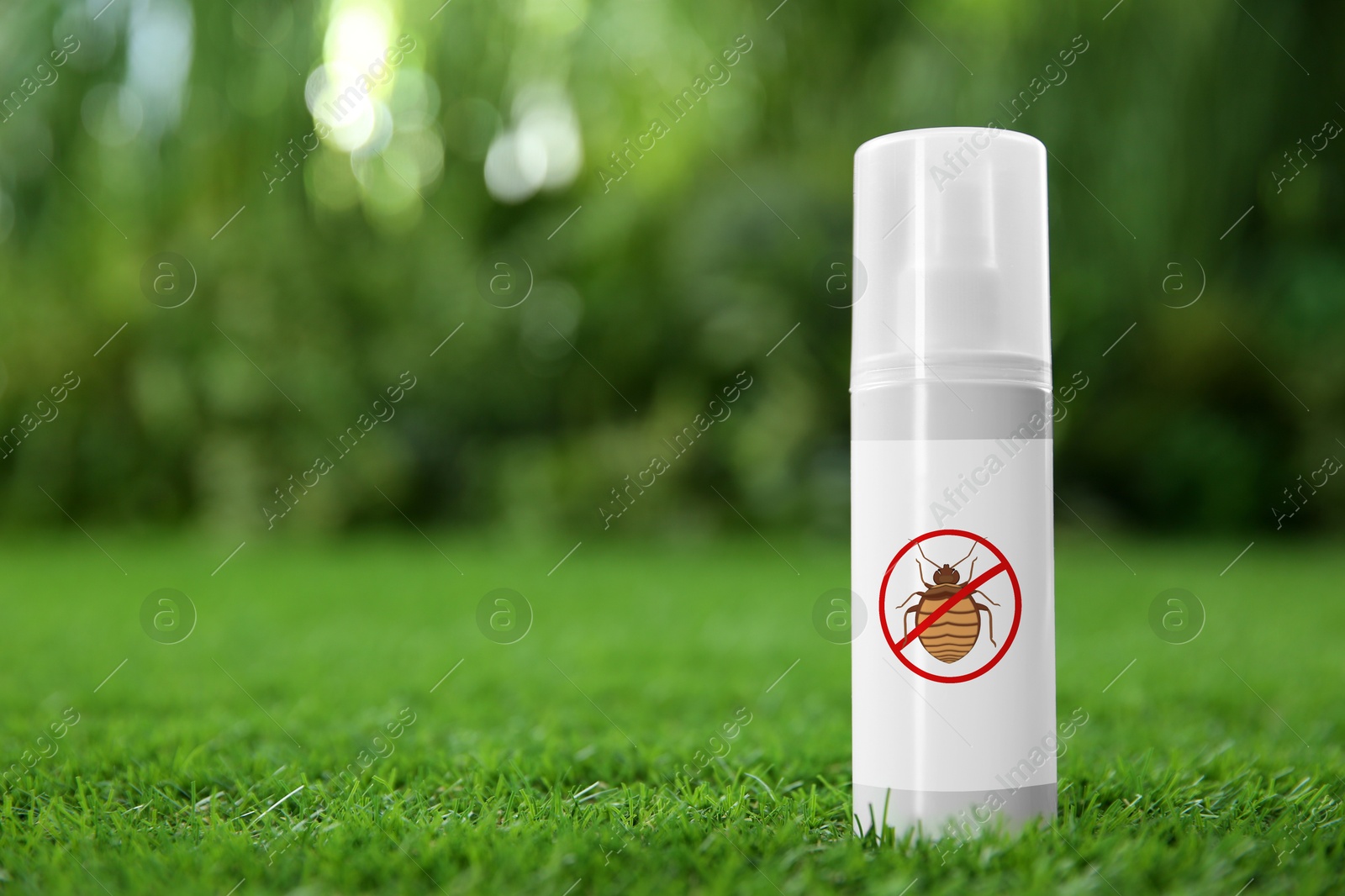 Image of Insect repellent in spray bottle on green grass outdoors. Space for text