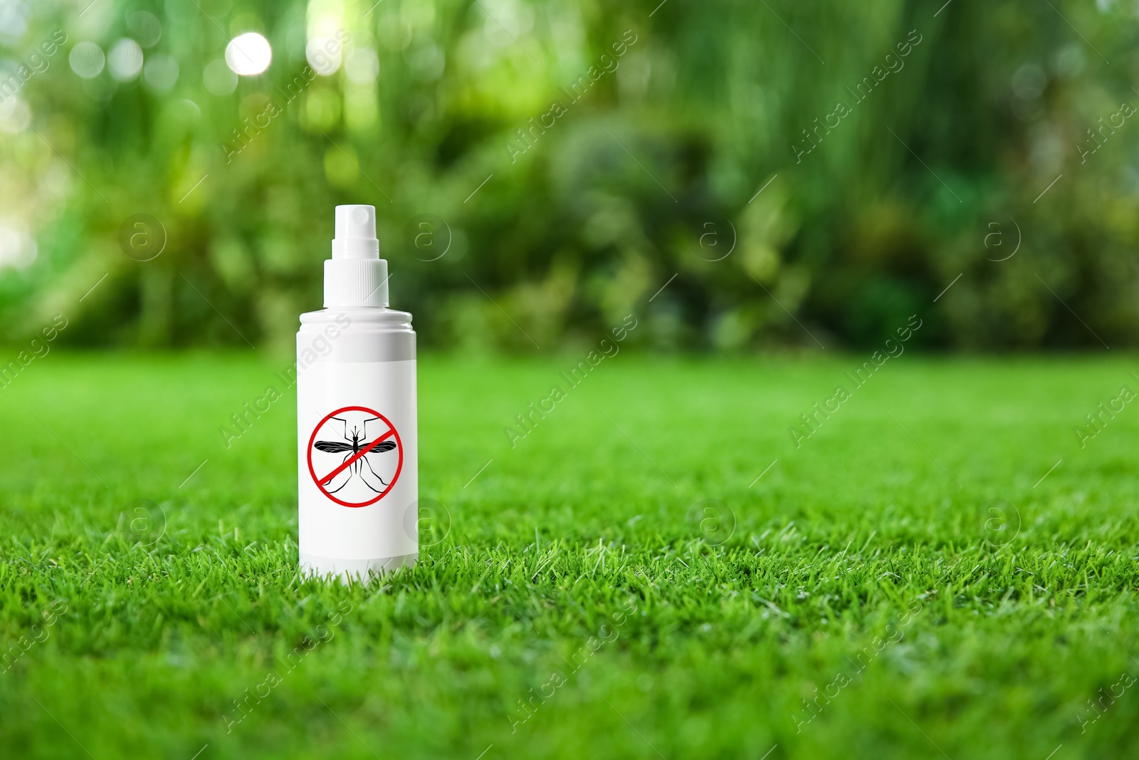 Image of Mosquito spray on green grass outdoors, space for text. Insect repellent