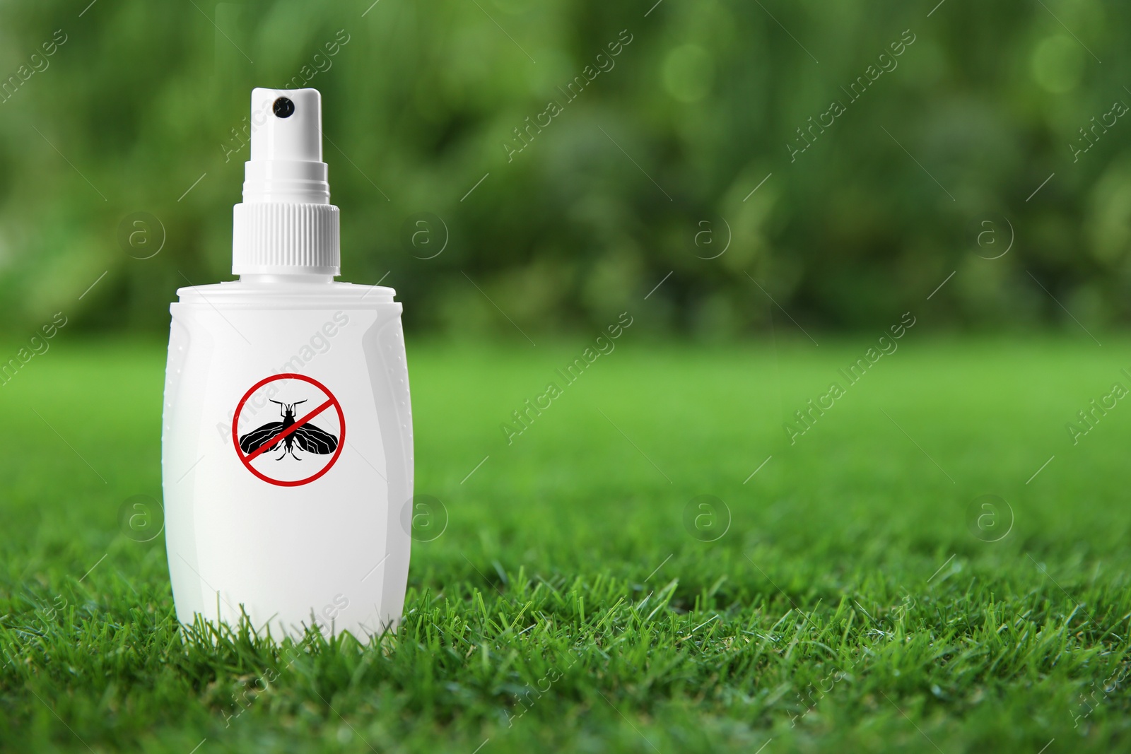 Image of Insect repellent in spray bottle on green grass outdoors. Space for text