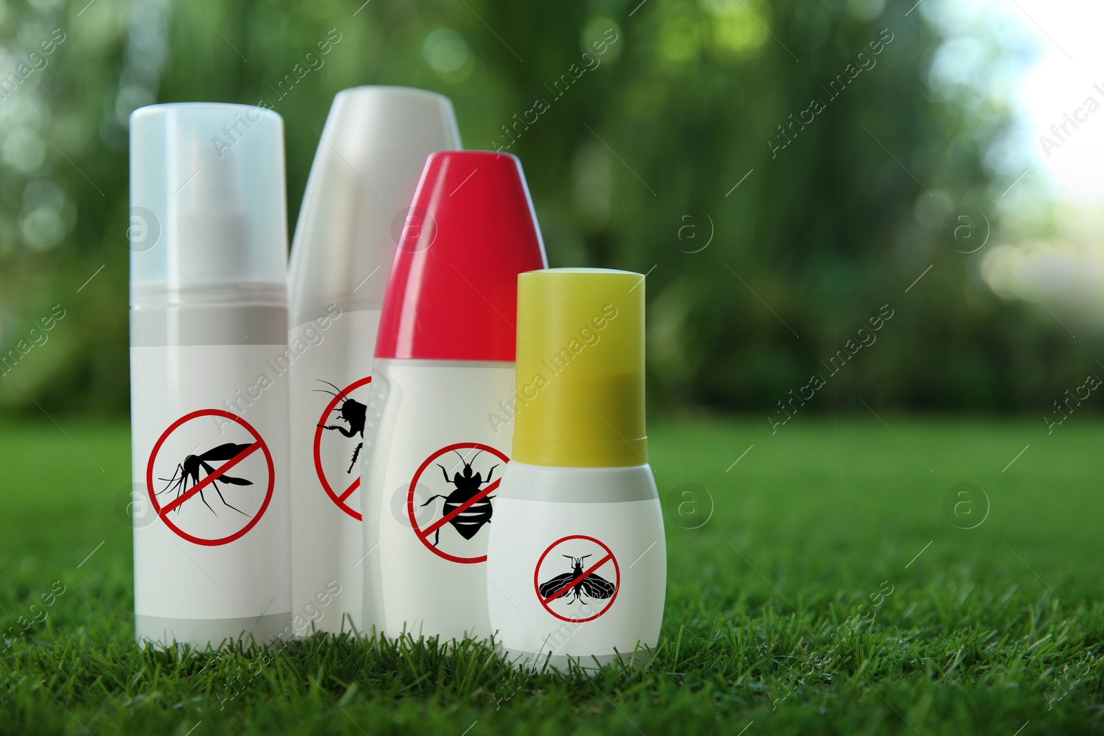 Image of Different insect repellents in spray bottles on green grass outdoors, space for text