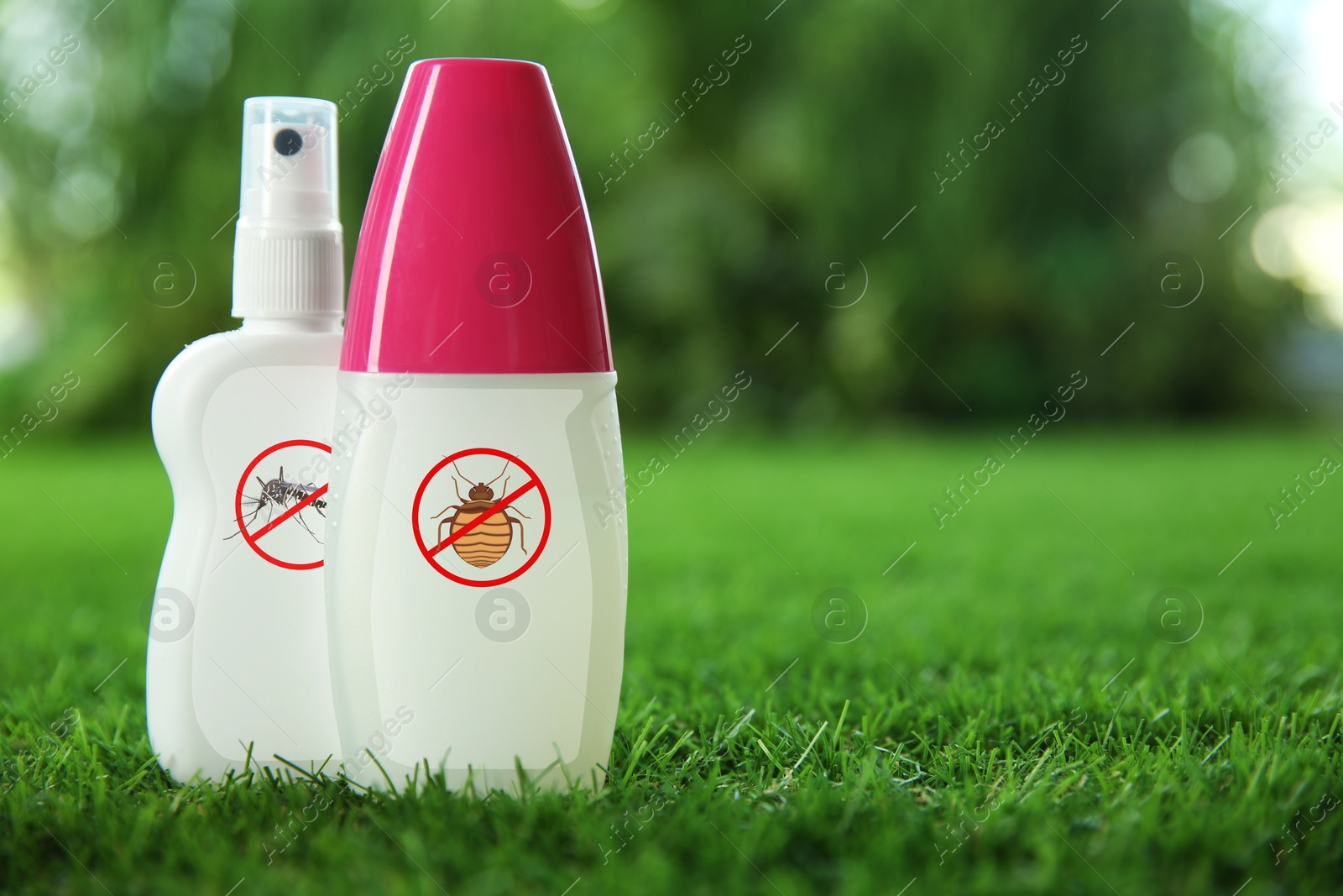 Image of Different insect repellents in spray bottles on green grass outdoors, space for text