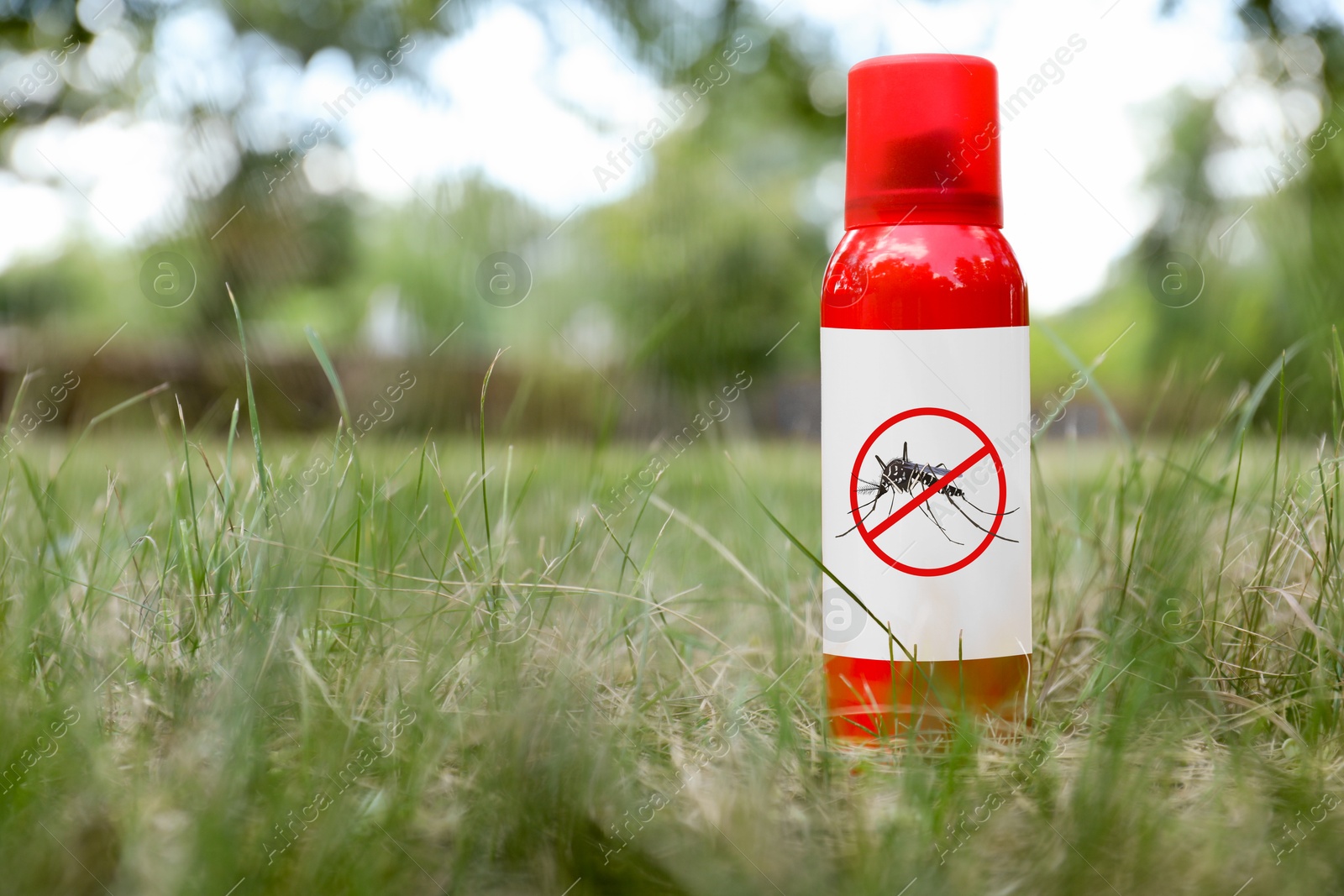 Image of Mosquito spray on green grass outdoors, space for text. Insect repellent