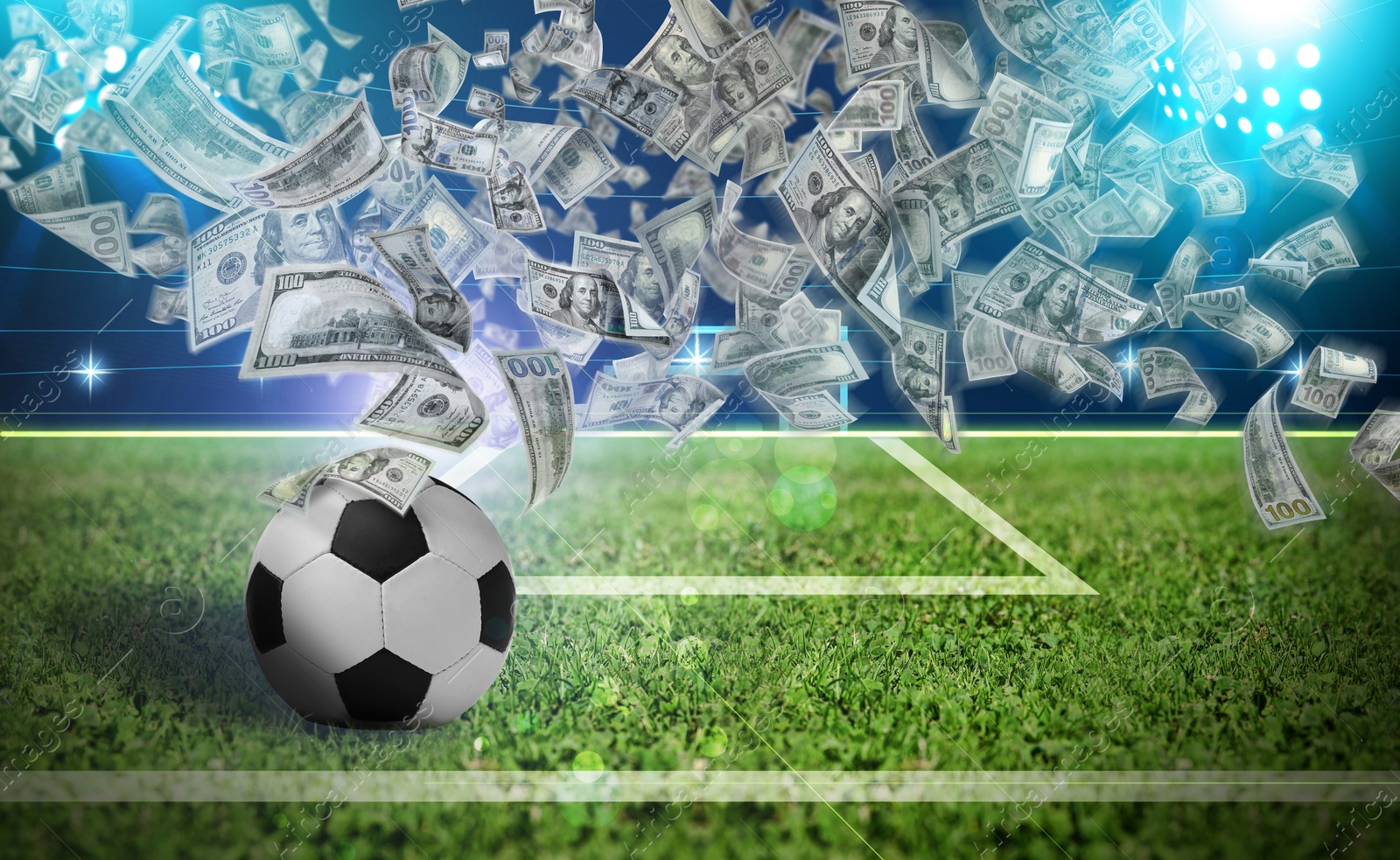 Image of Money flying from soccer ball on stadium