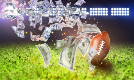 Image of Money flying from American football ball on stadium. Banner design