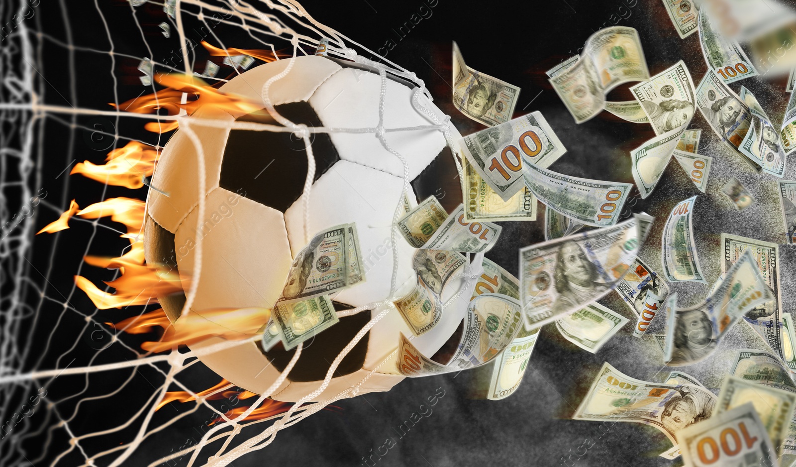 Image of Money flying from scored ball in net on black background. Banner design