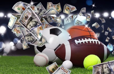 Image of Money flying from different sports balls on stadium