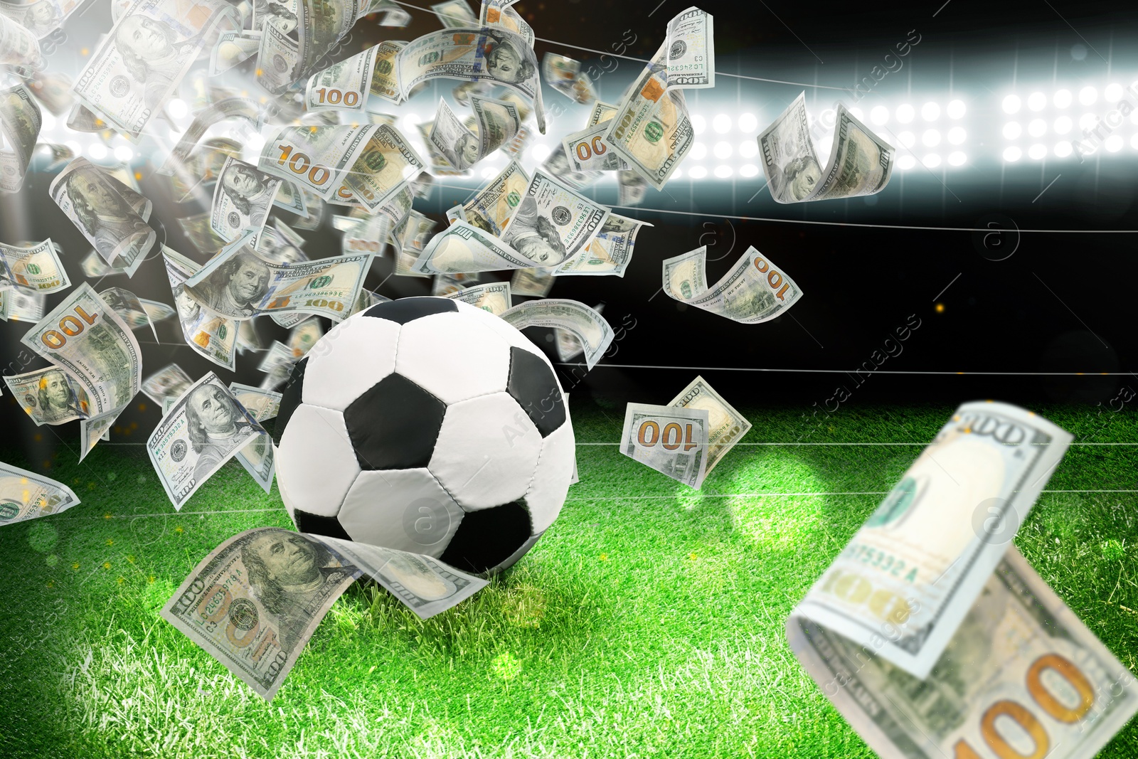 Image of Money flying from soccer ball on stadium