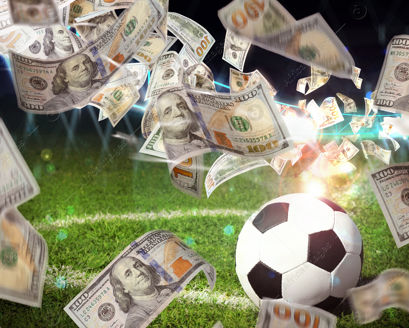 Image of Money flying over soccer ball on stadium