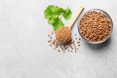 Dried coriander seeds in bowl, powder and green leaves on grey table, top view. Space for text