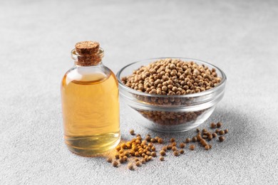 Coriander essential oil and seeds on grey table