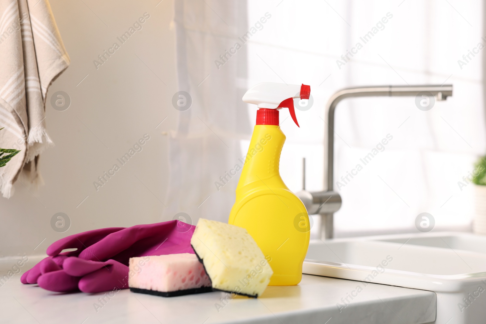 Photo of Cleaning service. Detergents, sponges and gloves on table in kitchen