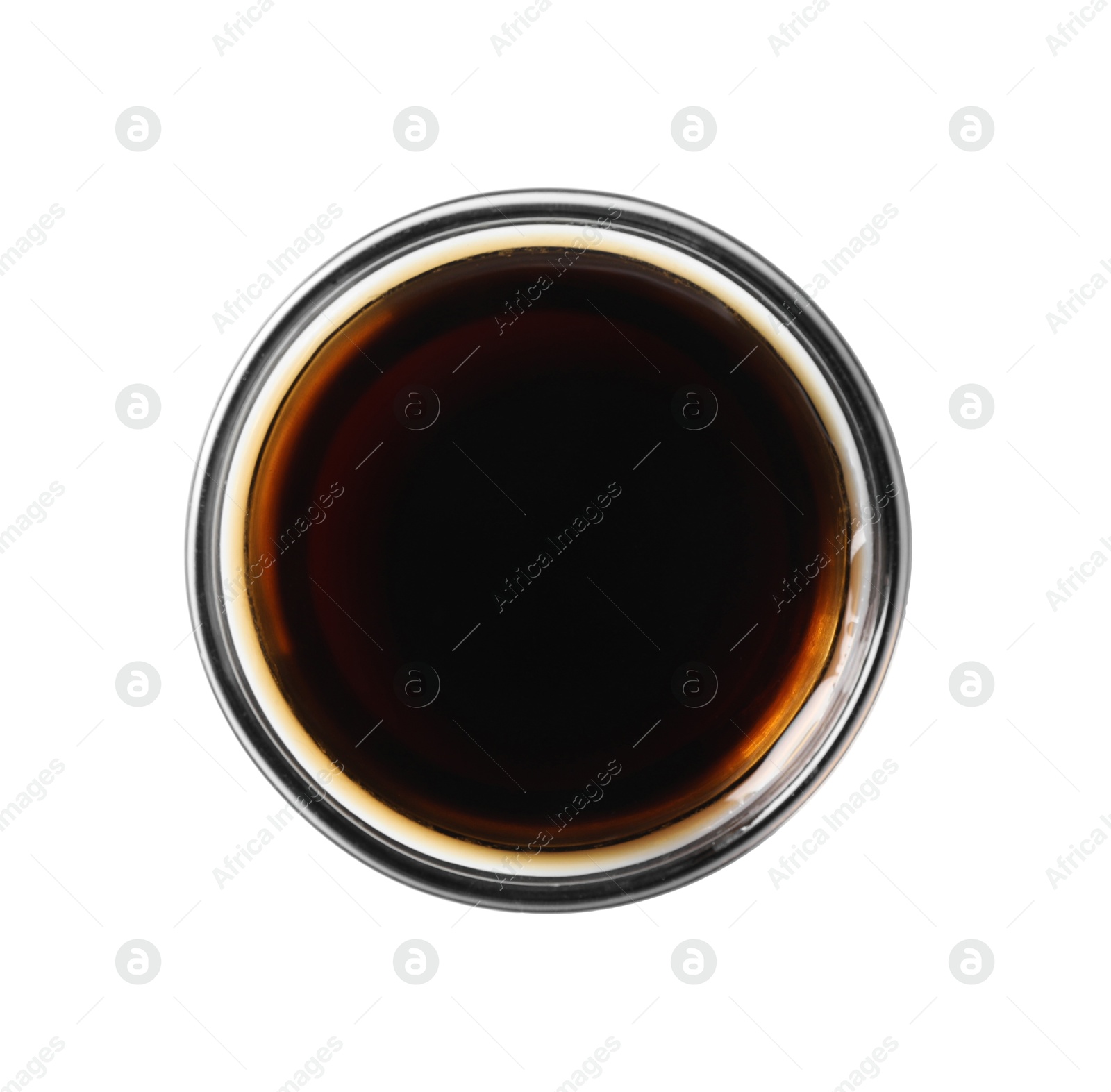 Photo of Delicious balsamic vinegar in bowl isolated on white, top view