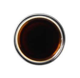 Photo of Delicious balsamic vinegar in bowl isolated on white, top view