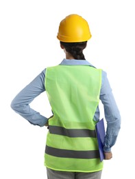 Engineer in hard hat with clipboard on white background, back view