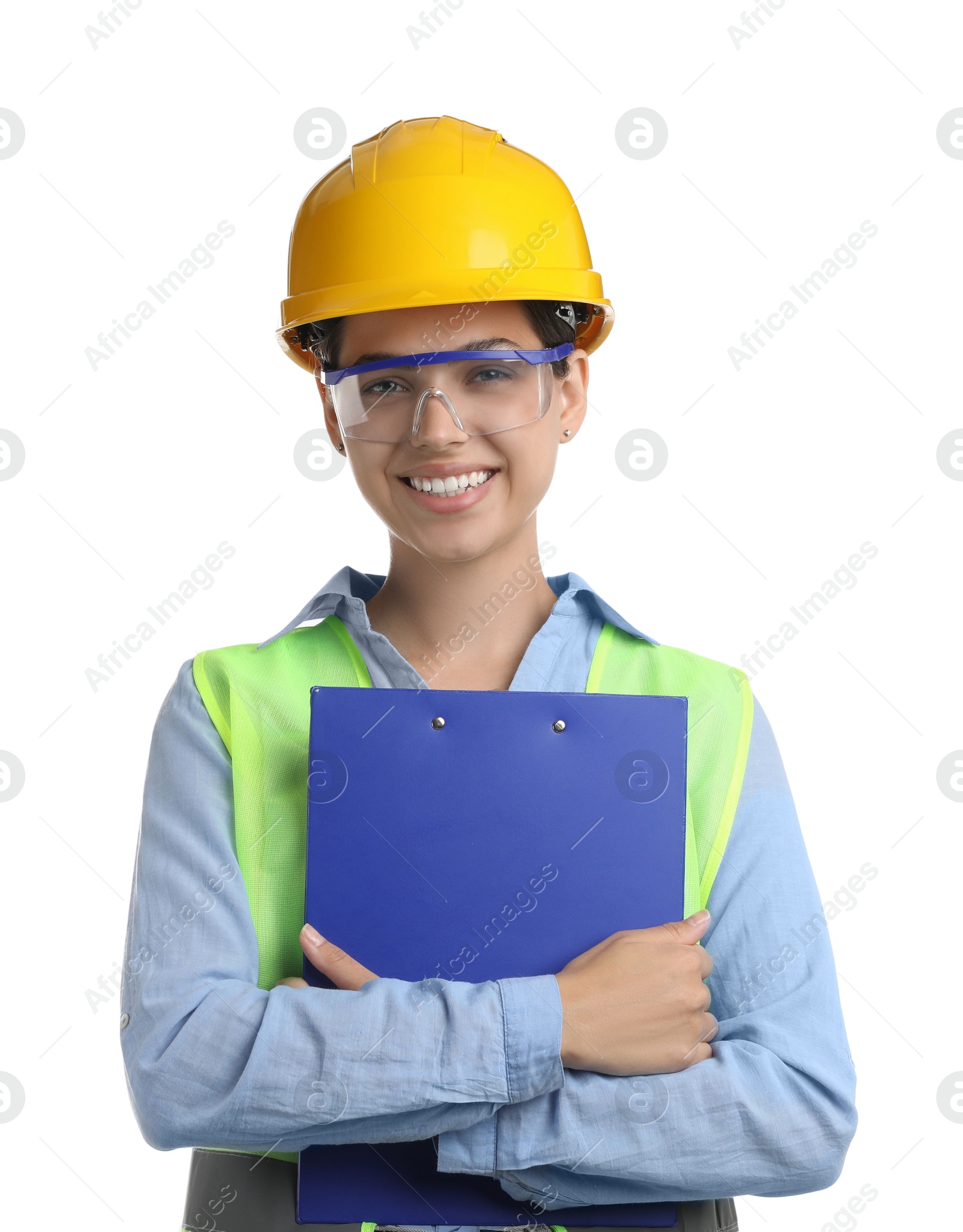 Photo of Engineer in hard hat with clipboard on white background