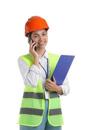 Photo of Engineer in hard hat with clipboard talking on smartphone against white background