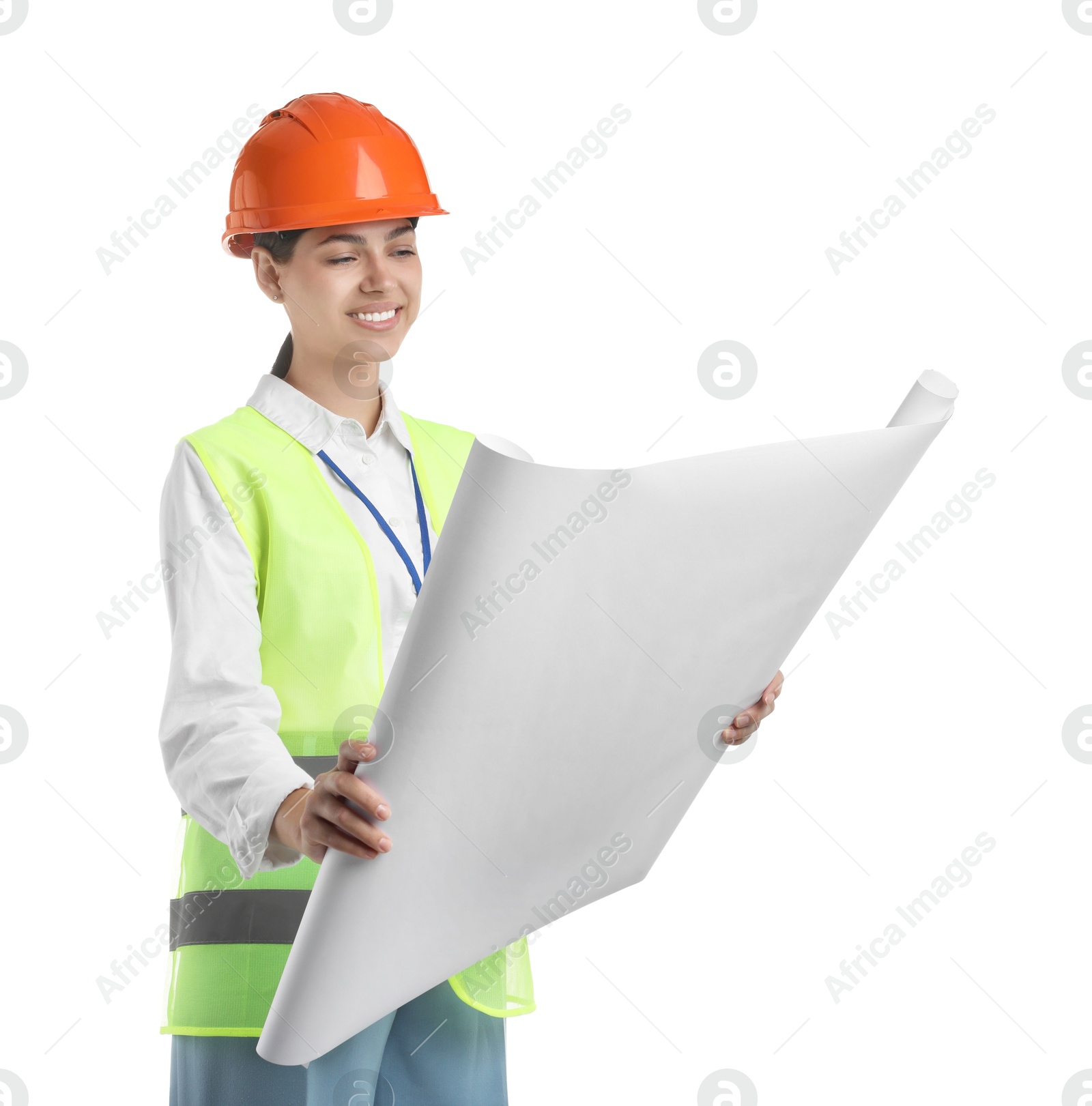 Photo of Engineer in hard hat with draft on white background