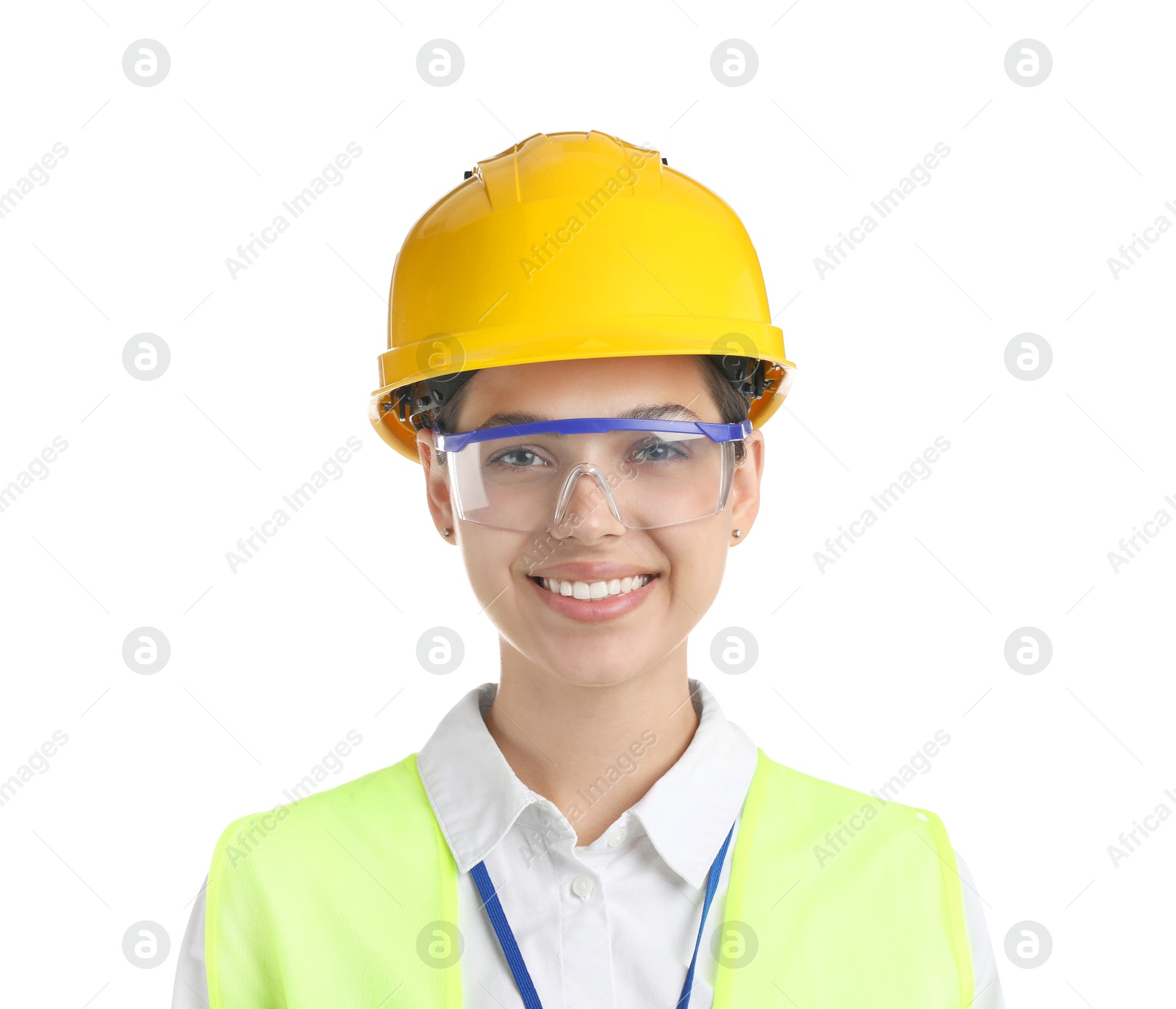 Photo of Engineer in hard hat and goggles on white background