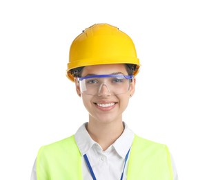 Photo of Engineer in hard hat and goggles on white background