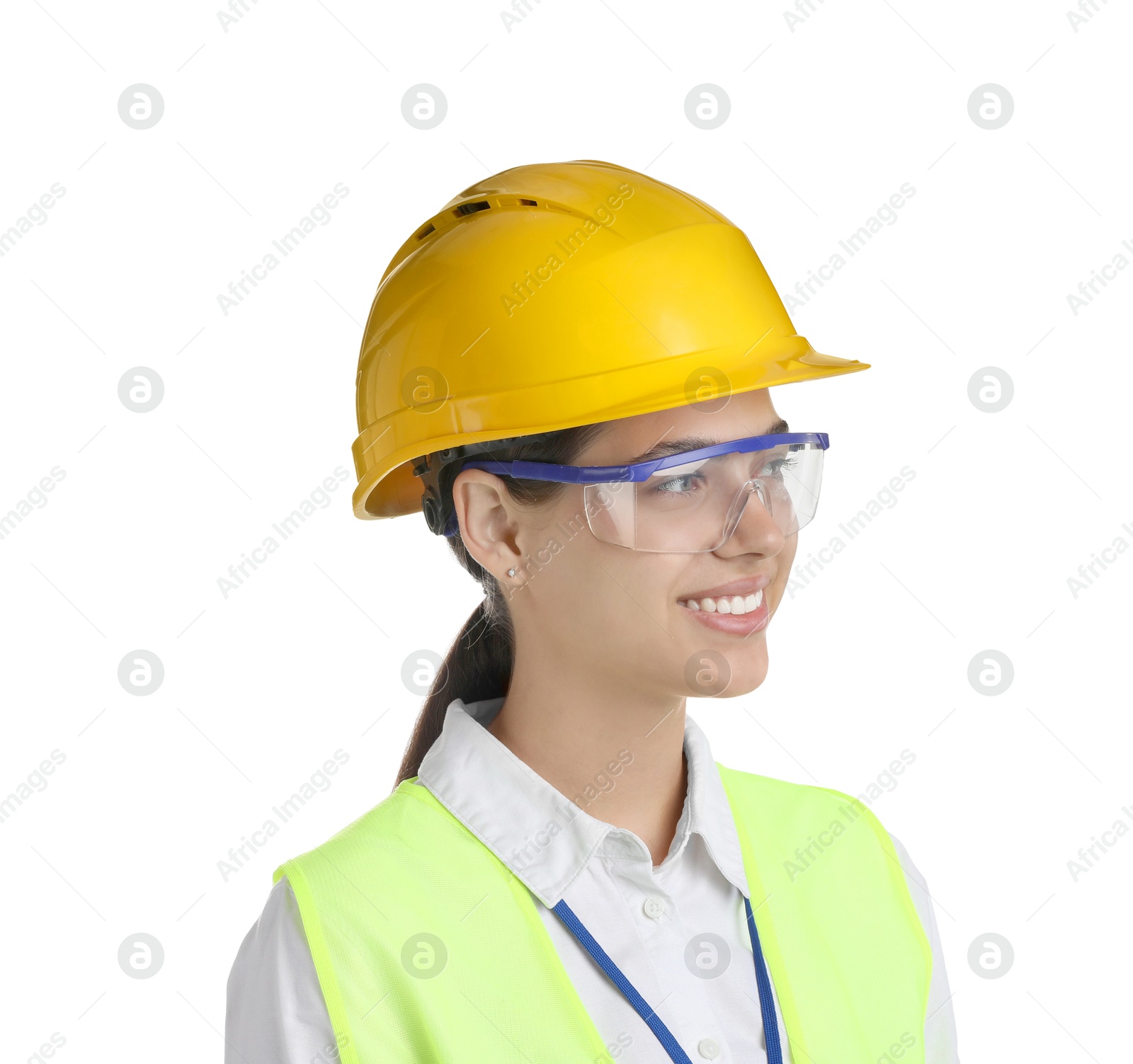 Photo of Engineer in hard hat and goggles on white background