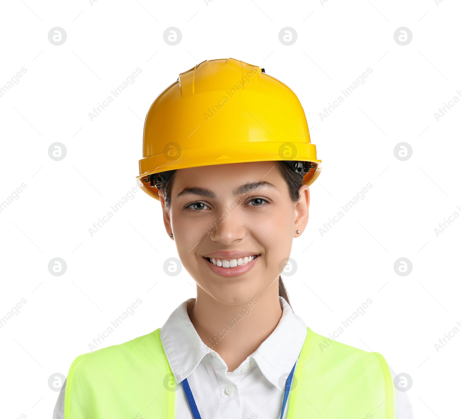 Photo of Engineer in hard hat on white background