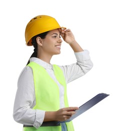 Photo of Engineer in hard hat with clipboard on white background