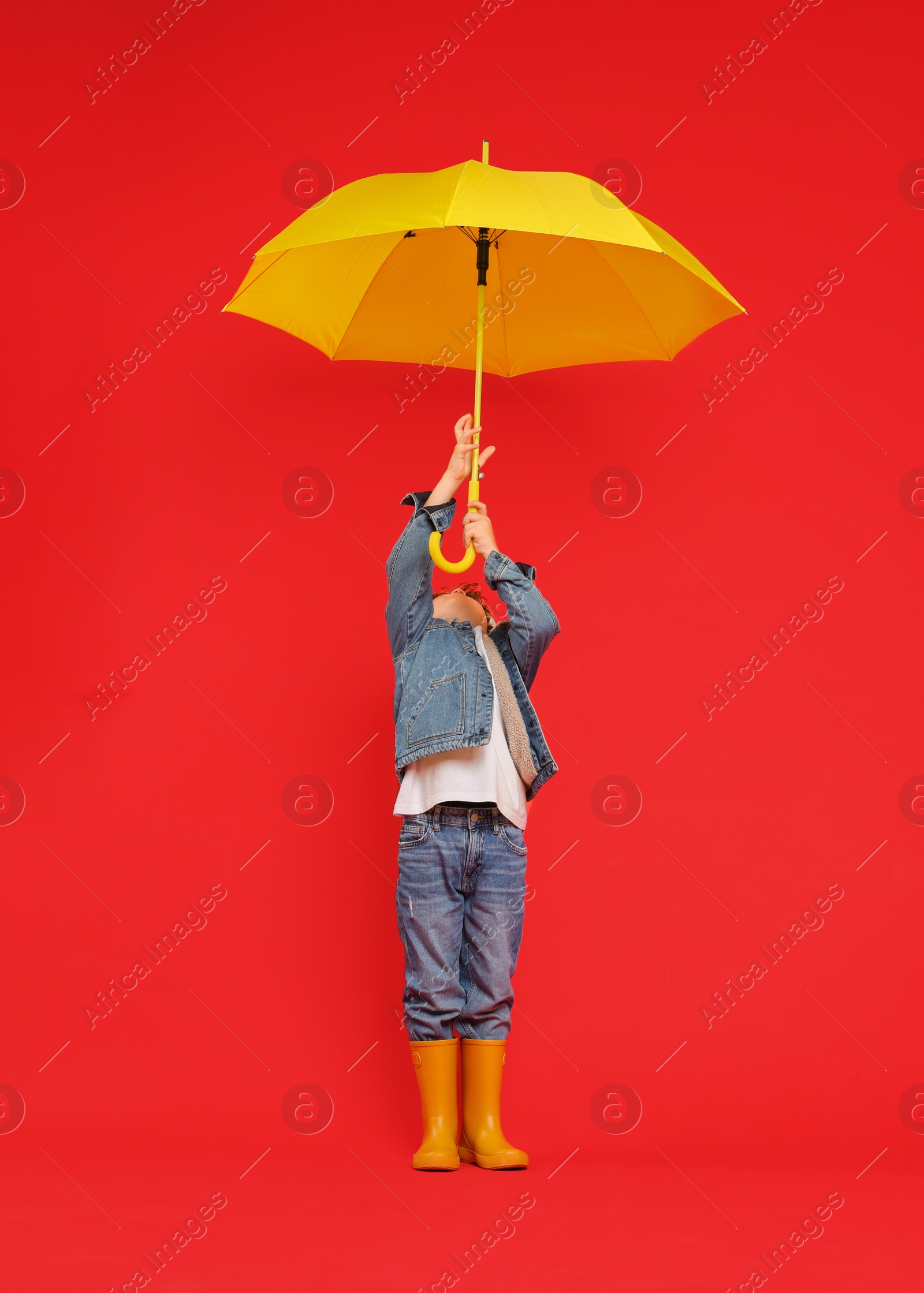 Photo of Little boy with yellow umbrella on red background, space for text